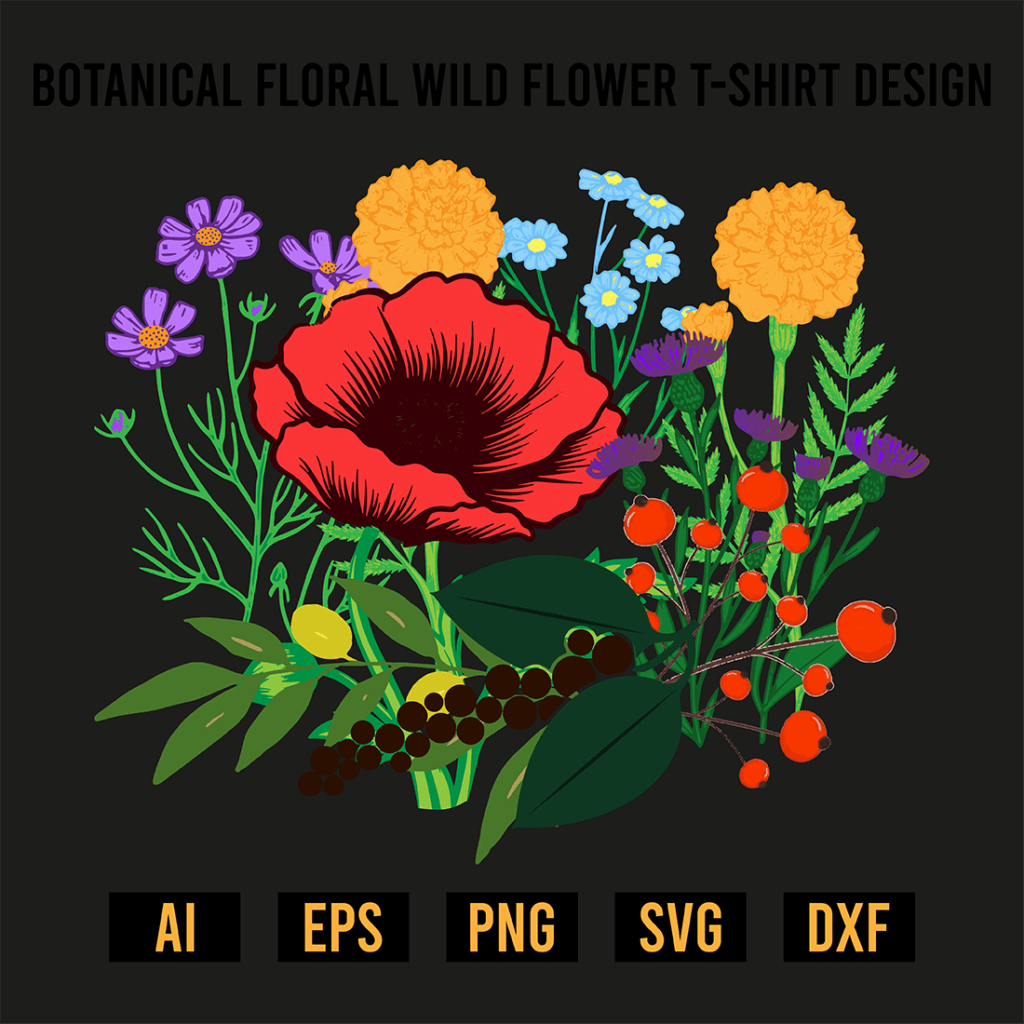 Botanical Floral Wild Flower T-Shirt Design - MasterBundles