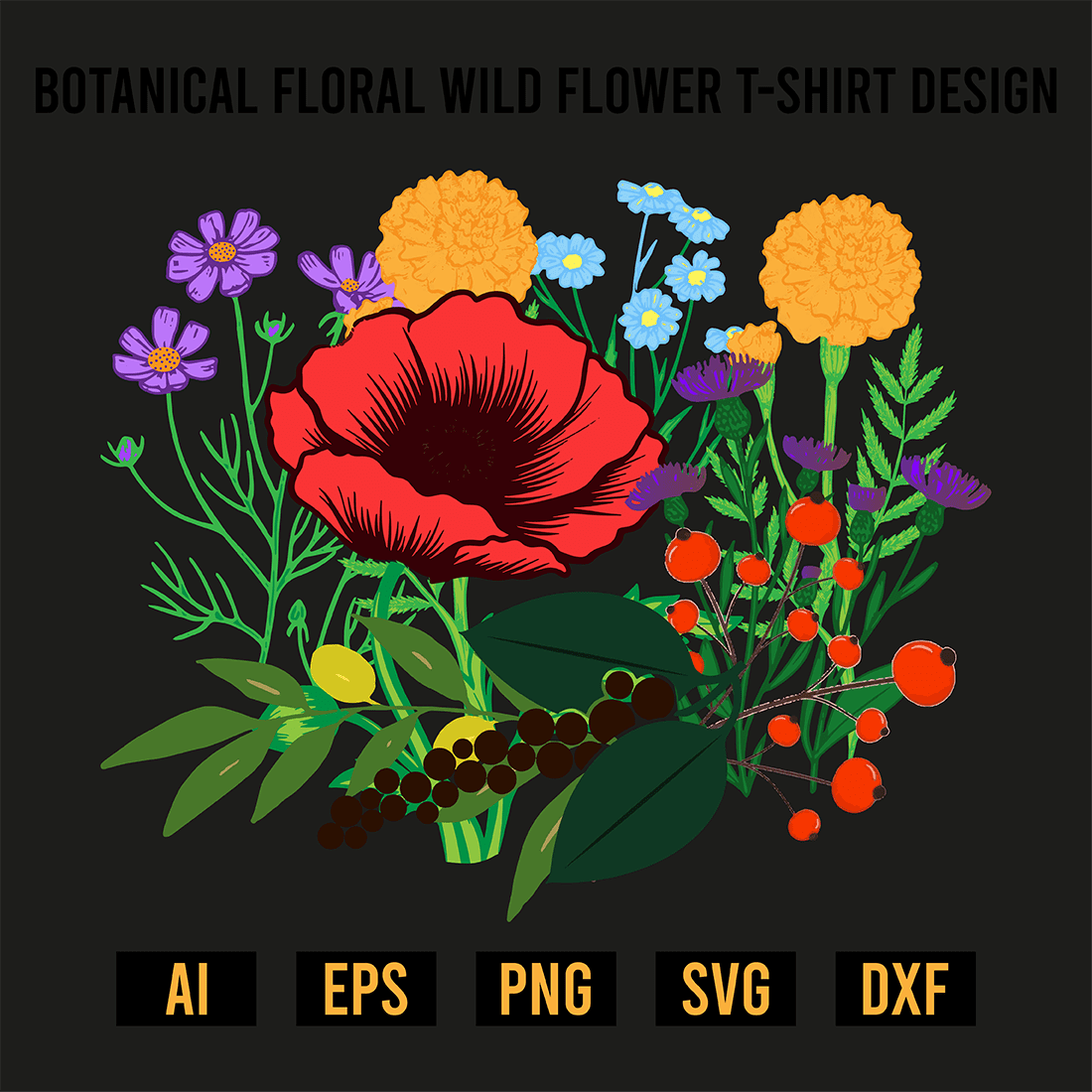 Botanical Floral Wild Flower T-Shirt Design preview image.