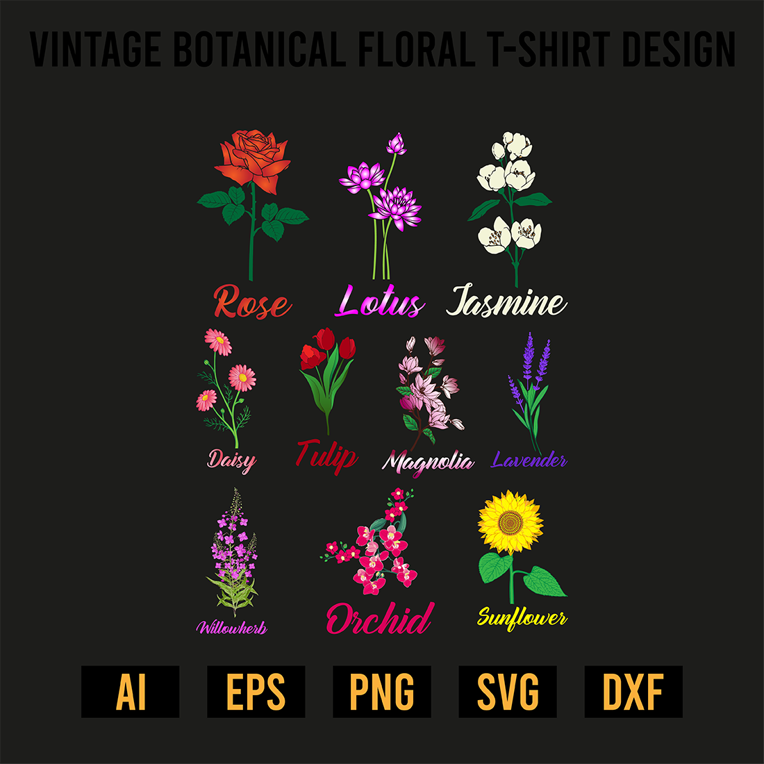 Vintage Botanical Floral Flower T-Shirt Design preview image.