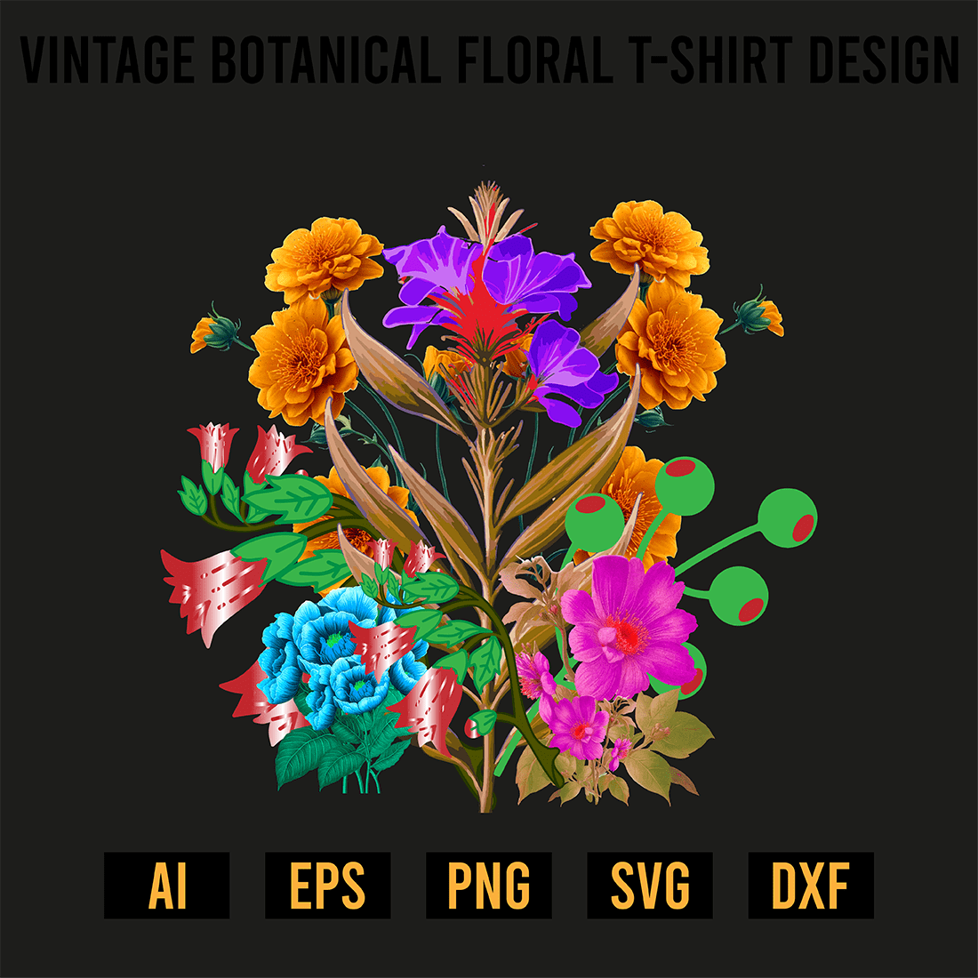 Vintage Botanical Floral T-Shirt Design preview image.