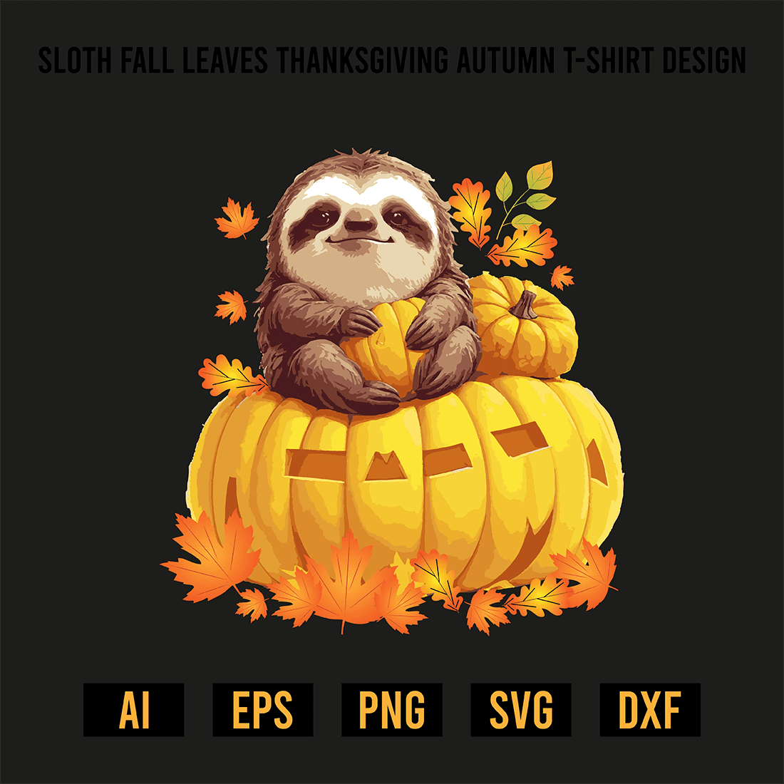Sloth Fall Leaves Thanksgiving Autumn T-Shirt Design preview image.