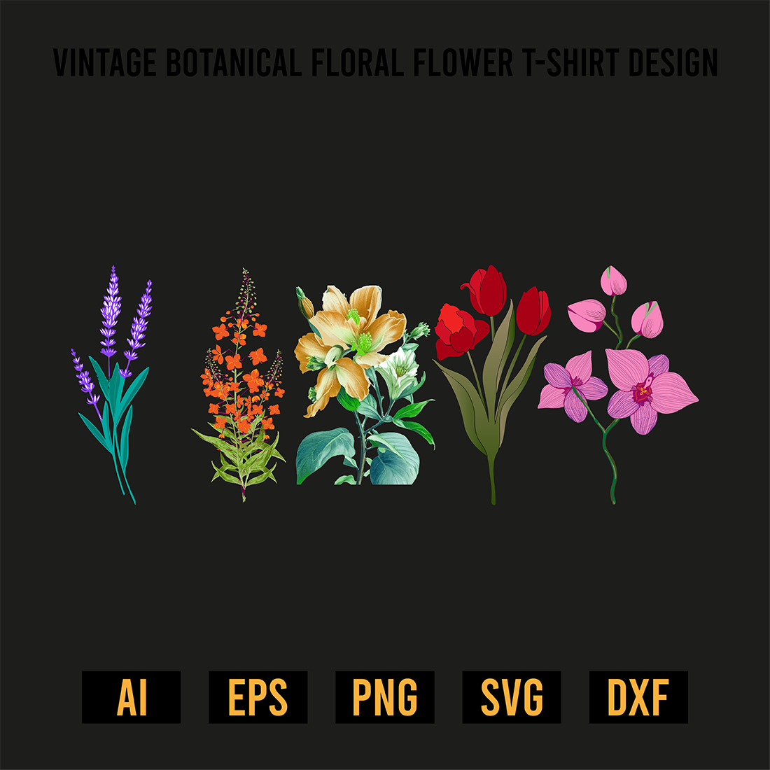 Vintage Botanical Floral Flower T-Shirt Design preview image.