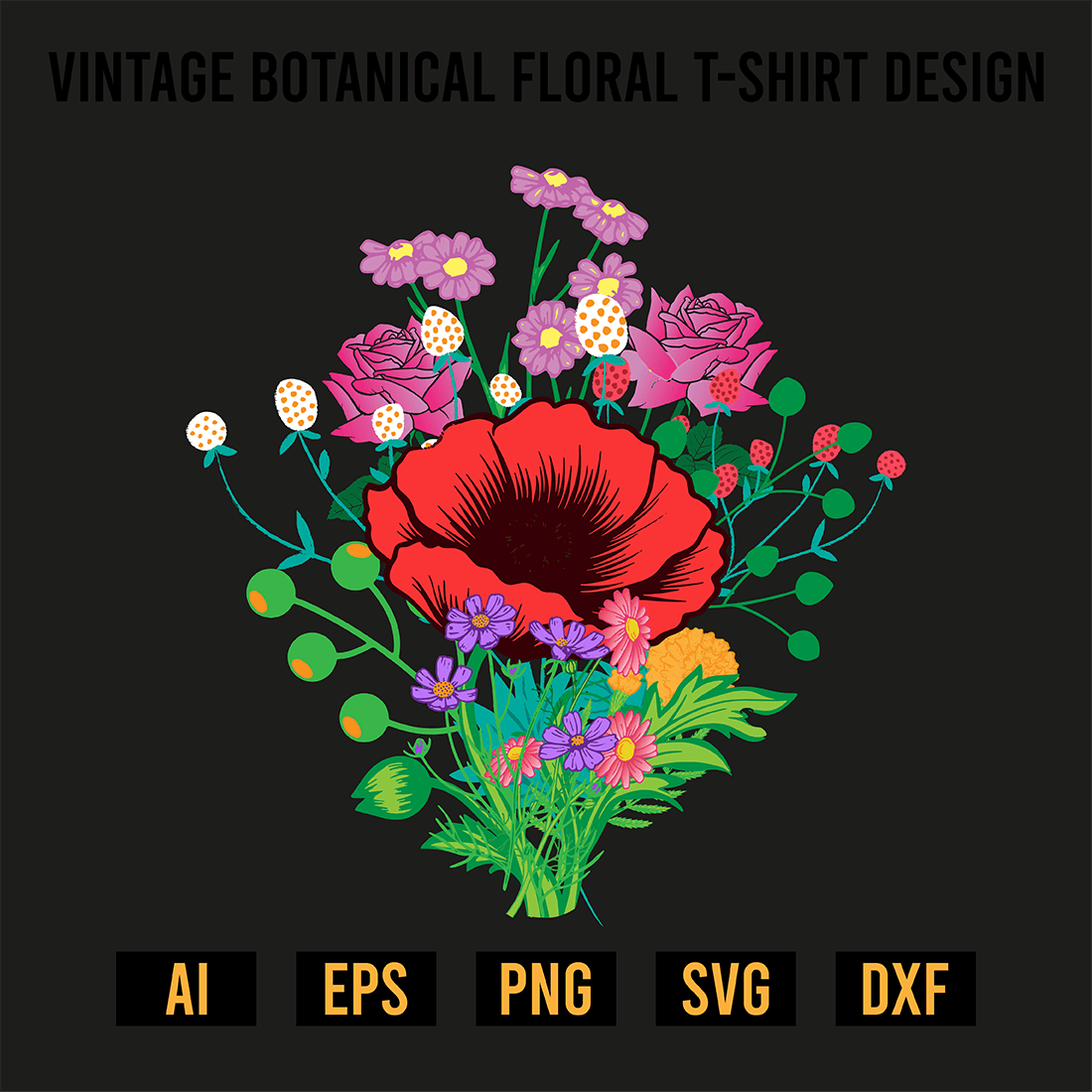 Vintage Botanical Floral T-Shirt Design preview image.