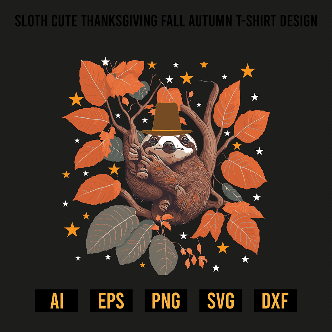 Sloth Cute Thanksgiving Fall Autumn T-Shirt Design preview image.