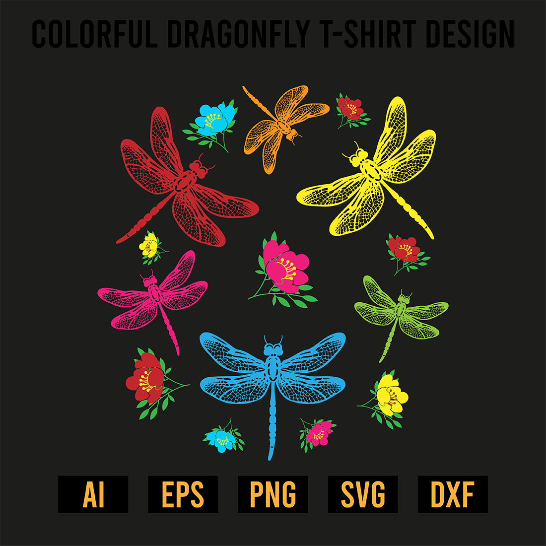 Colorful Dragonfly T-Shirt Design preview image.