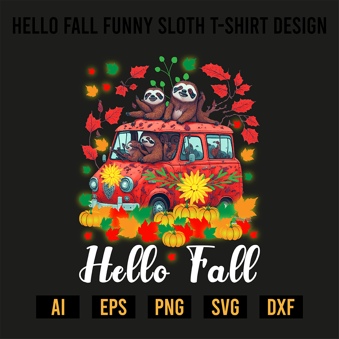 Hello Fall Funny Sloth T-Shirt Design preview image.