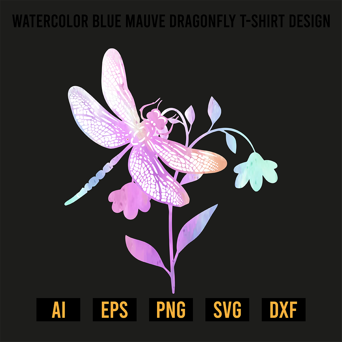 Watercolor Blue Mauve Dragonfly T-Shirt Design preview image.