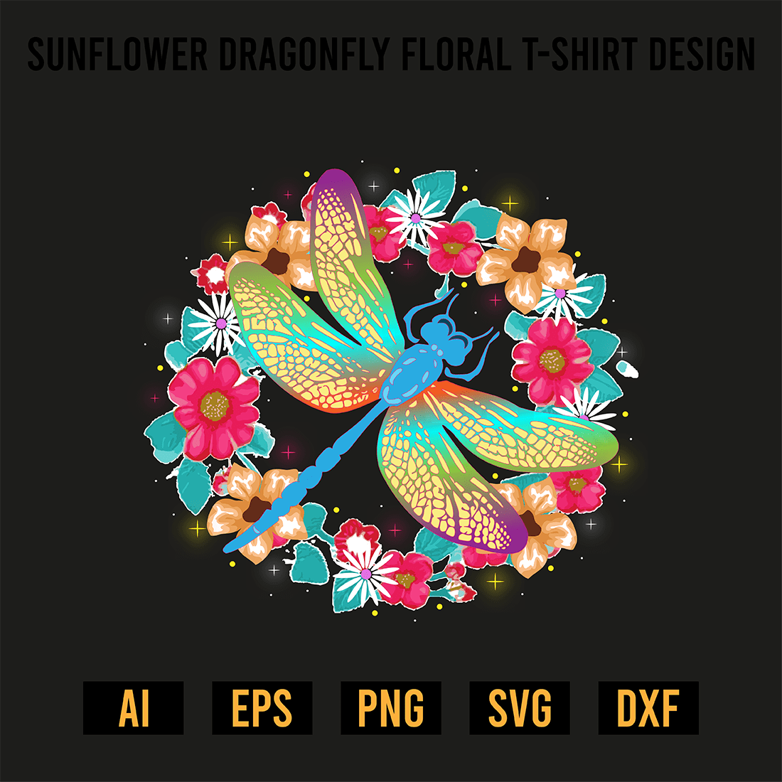 Dragonfly Floral T-Shirt Design preview image.