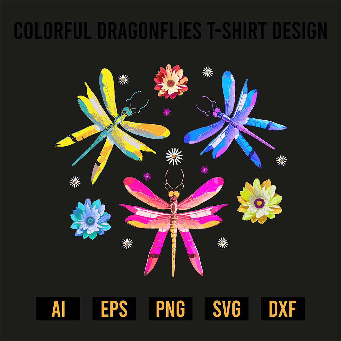 Colorful Dragonflies T-Shirt Design preview image.