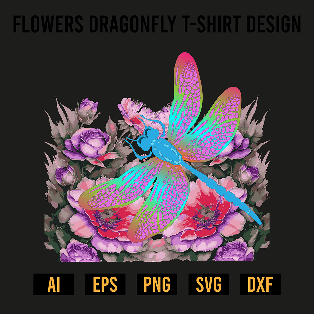 Flowers Dragonfly T-Shirt Design preview image.