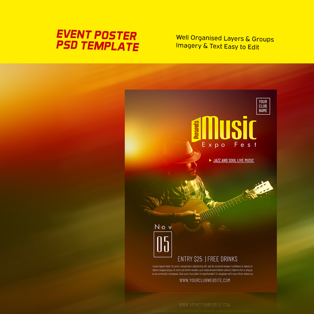 Music Festival Poster Design PSD Template preview image.