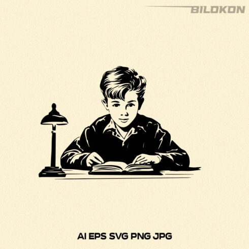 Vintage boy is doing his homework, boy reads books, boy studies at school, Vector Illustration, SVG cover image.