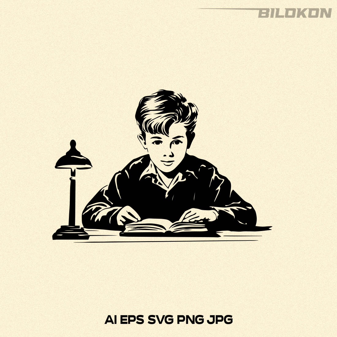 Vintage boy is doing his homework, boy reads books, boy studies at school, Vector Illustration, SVG preview image.