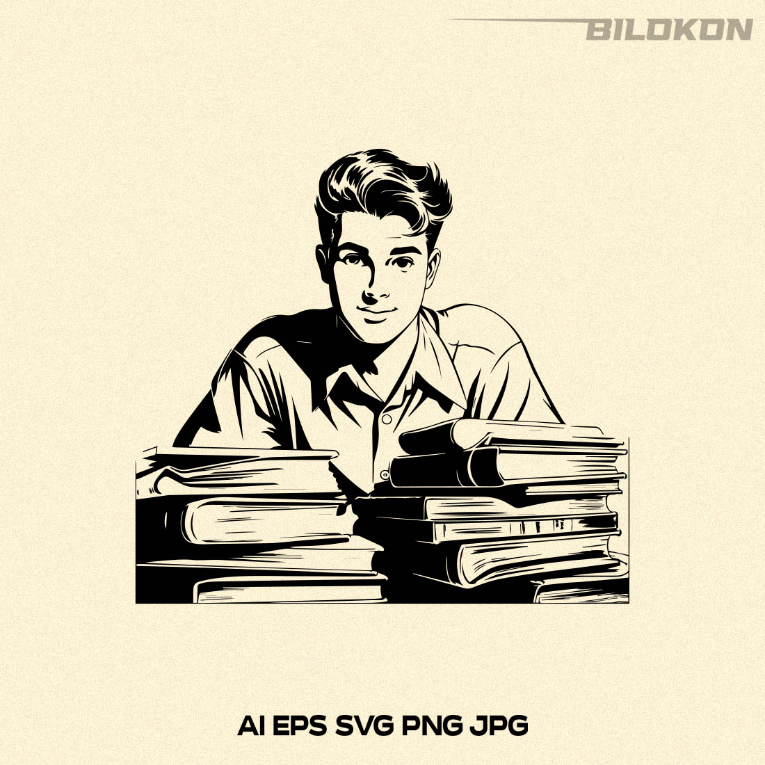 Vintage boy reads books, boy studies at school, SVG Vector preview image.
