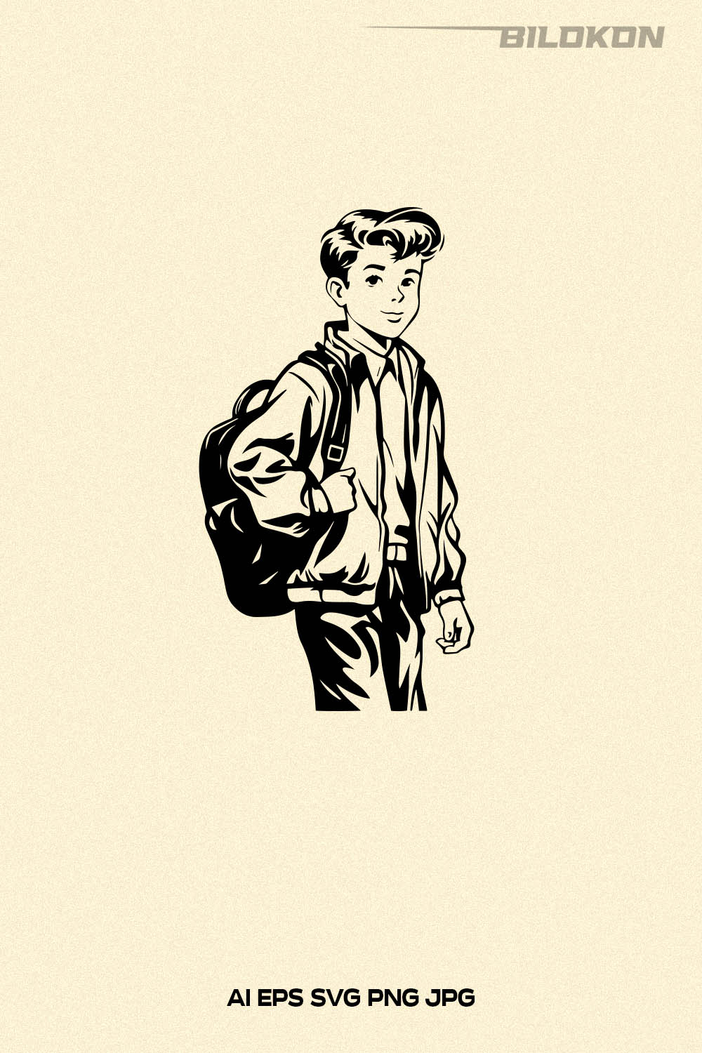 Vintage boy with a backpack goes to school, boy go school, Vector Illustration, SVG pinterest preview image.