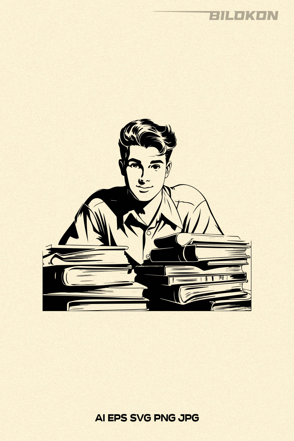 Vintage boy reads books, boy studies at school, SVG Vector pinterest preview image.