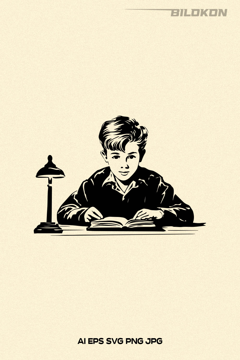 Vintage boy is doing his homework, boy reads books, boy studies at school, Vector Illustration, SVG pinterest preview image.