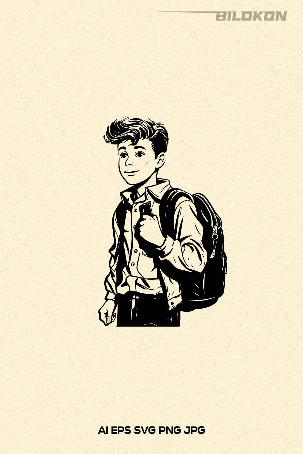Vintage boy with a backpack goes to school, SVG Vector pinterest preview image.