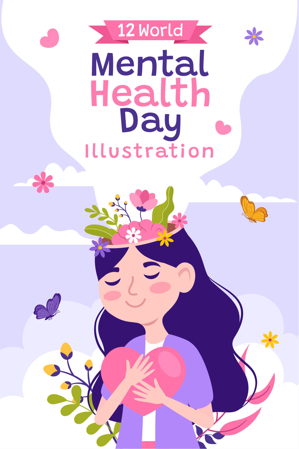 12 World Mental Health Day Illustration pinterest preview image.