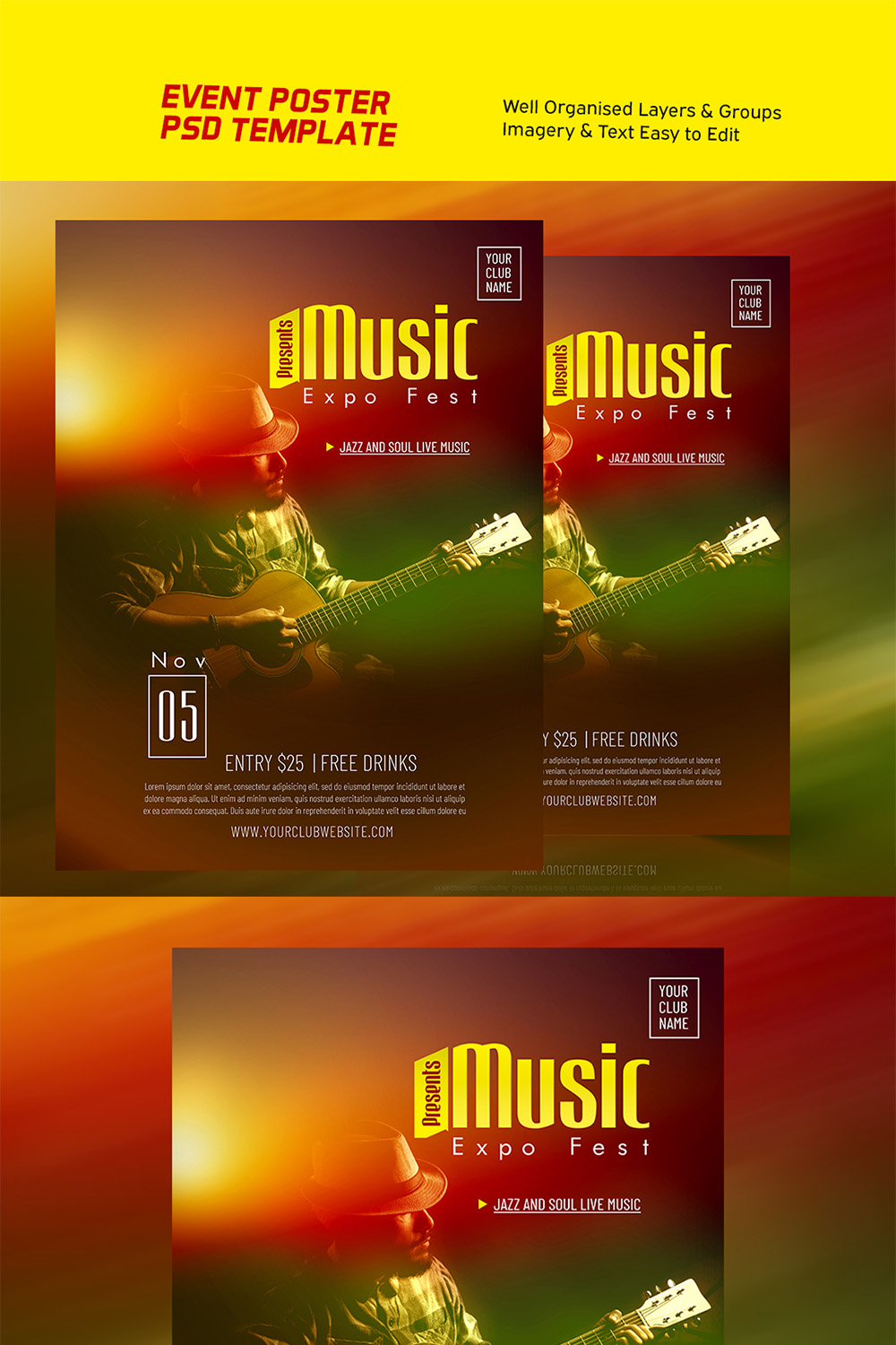 Music Festival Poster Design PSD Template pinterest preview image.