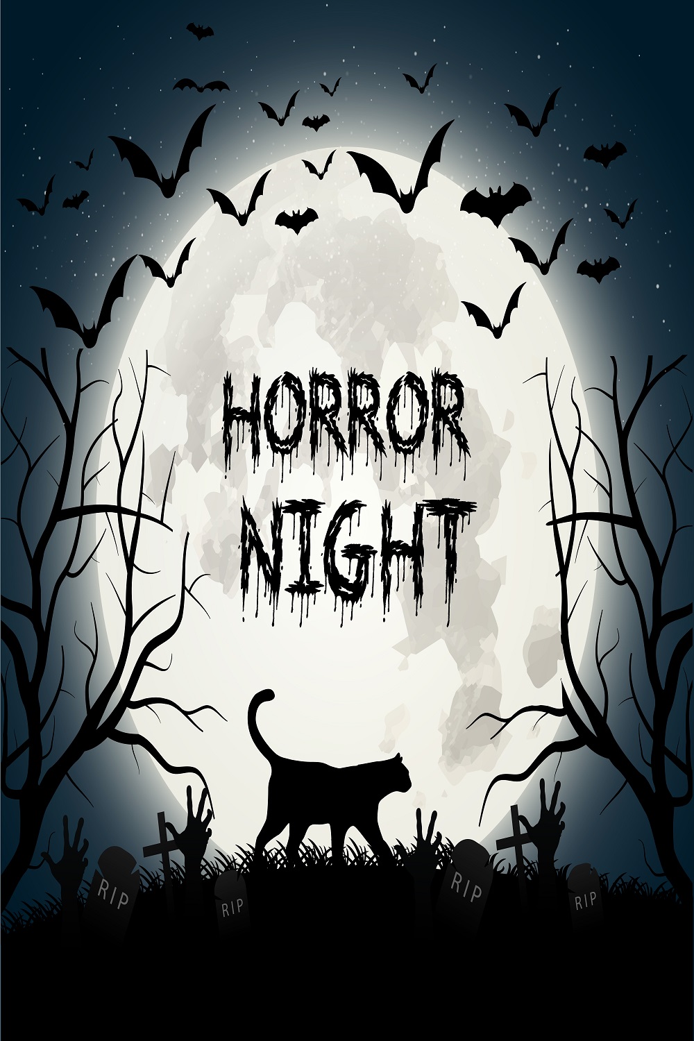 Creepy Halloween background with cat bats pinterest preview image.