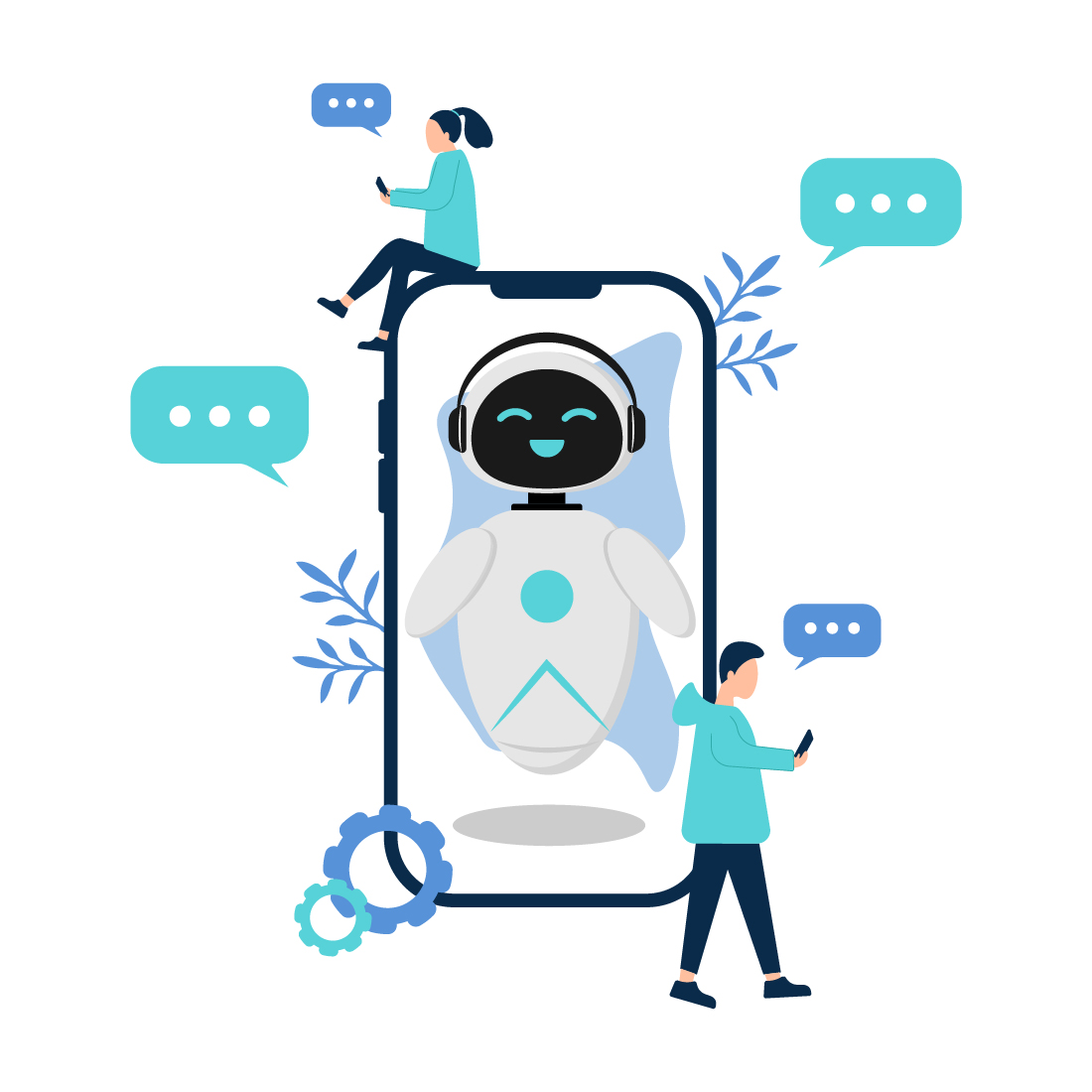 2 vector illustration with chat bot, phone and people preview image.