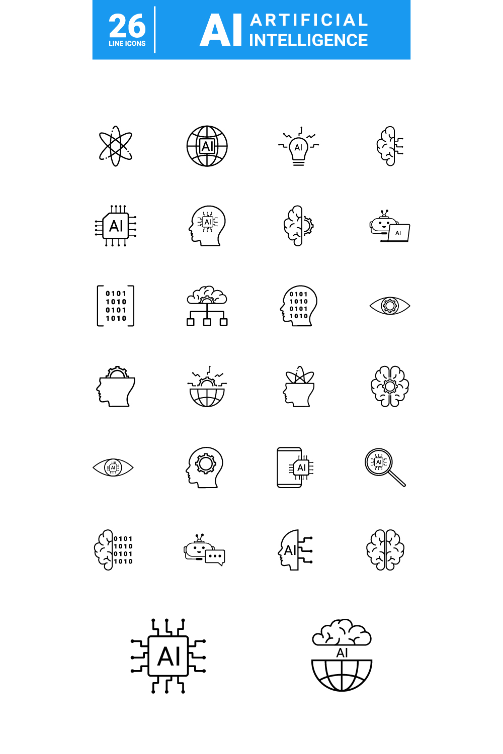 Set of 26 outline icons Artificial intelligence pinterest preview image.