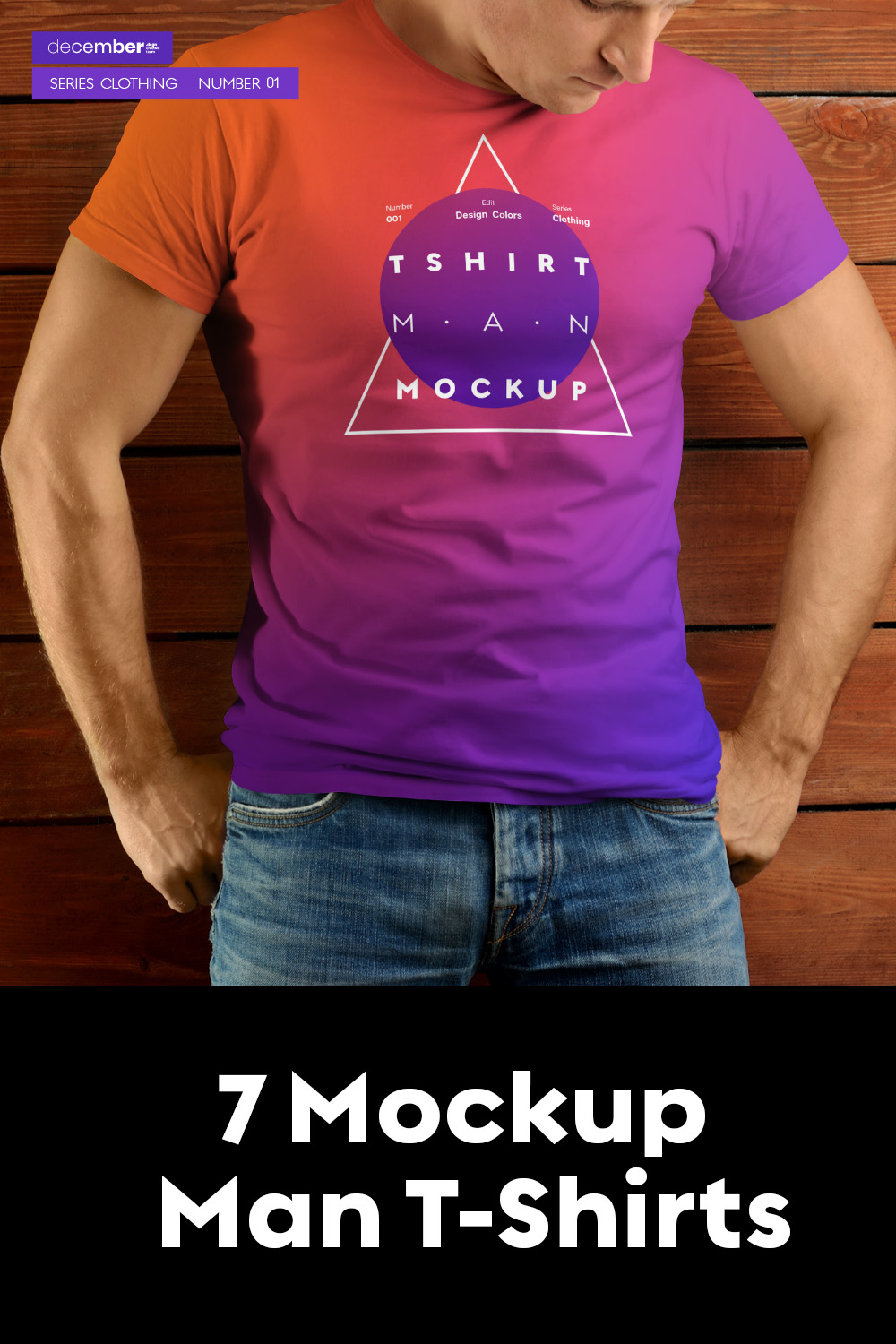 7 Mockup T-Shirt on the body of an athletic man on wooden background pinterest preview image.
