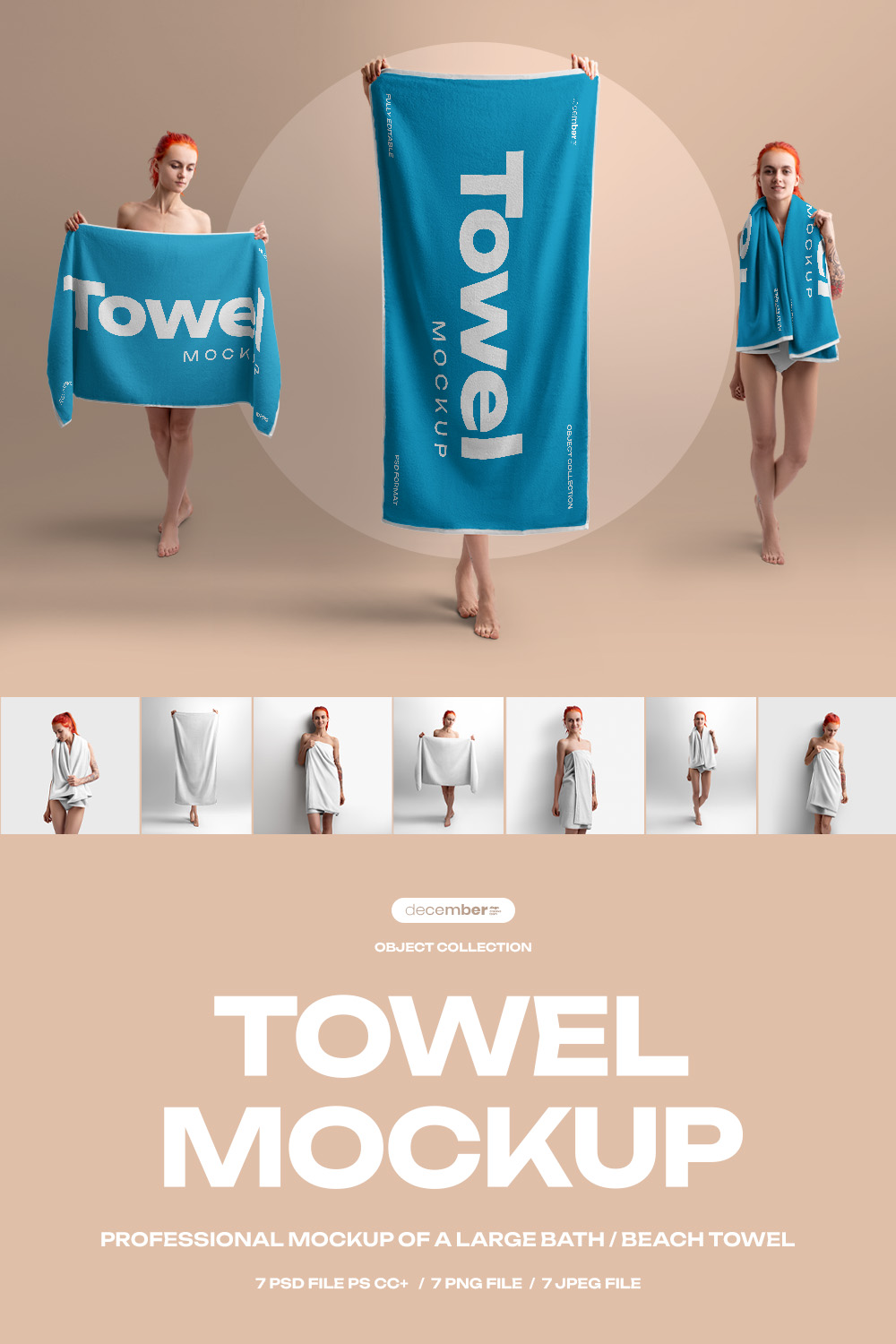 7 Mockup of a Large Bath / Beach Towel pinterest preview image.