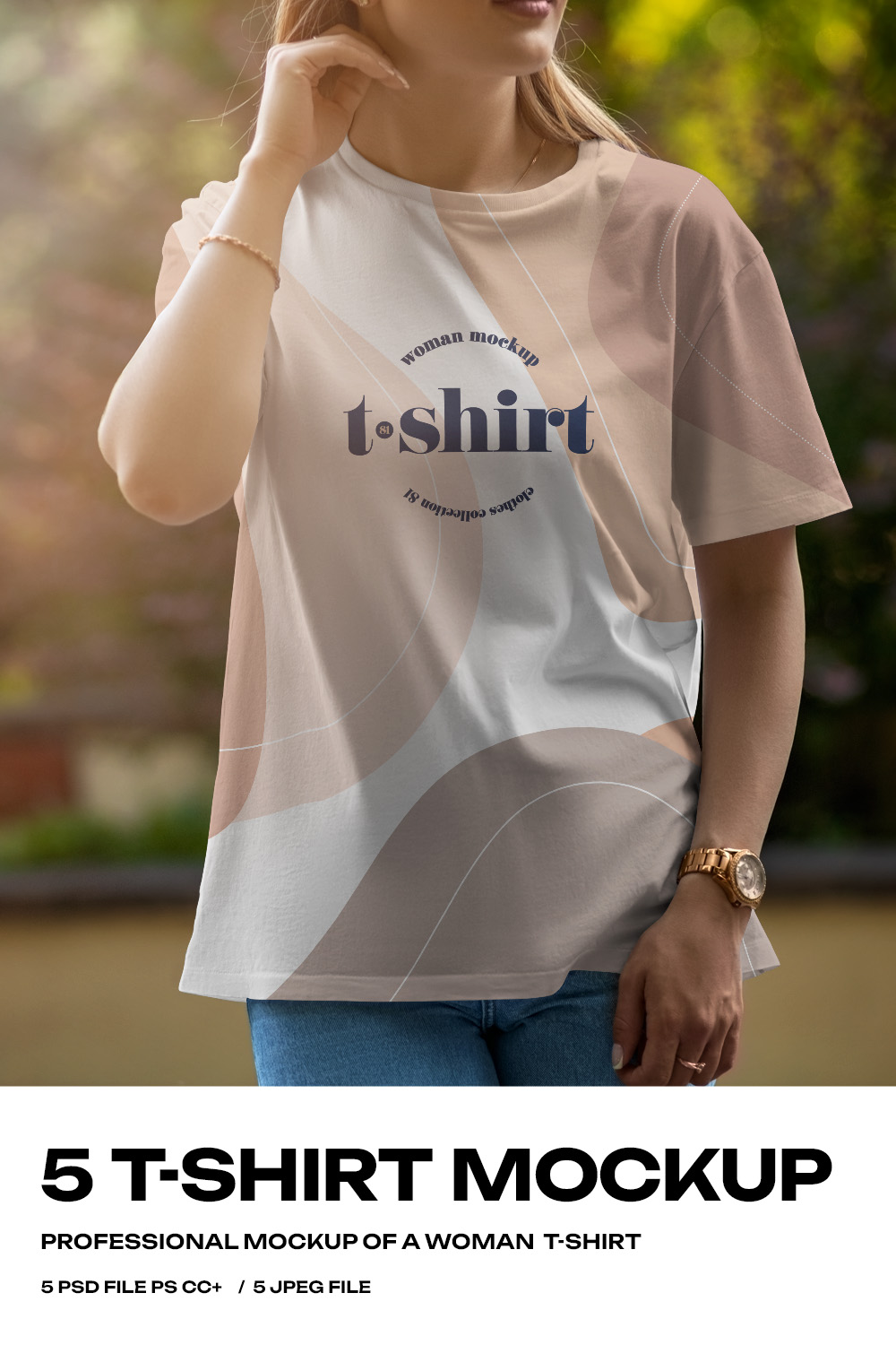 5 Mockups T-Shirt on a Girl Walking in the Park pinterest preview image.