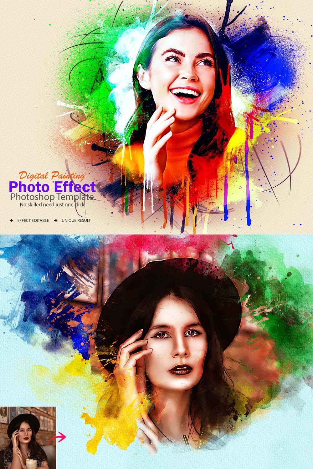 Portrait Painting Photoshop Effect pinterest preview image.