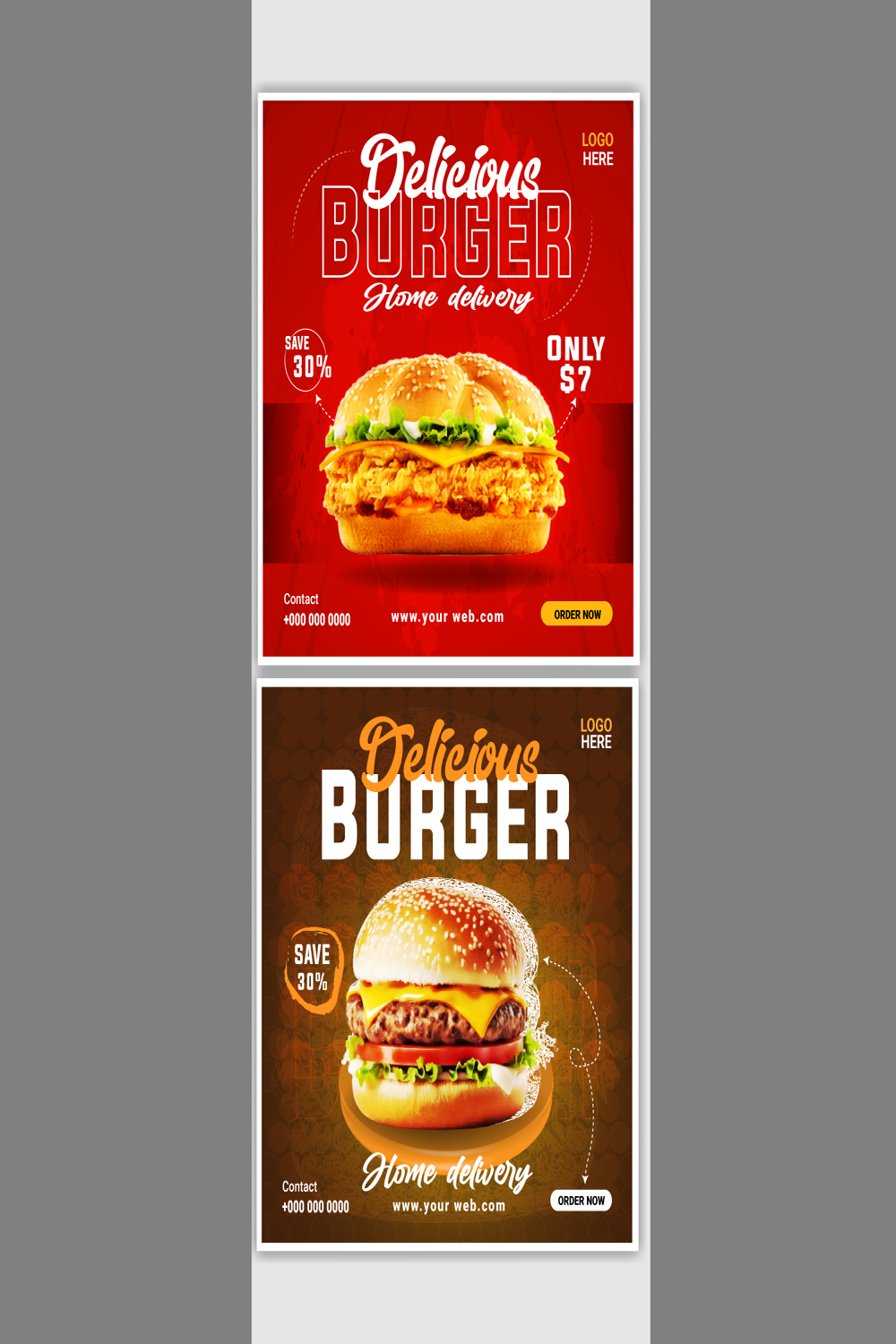 2 Burger social media post template and promotional design pinterest preview image.