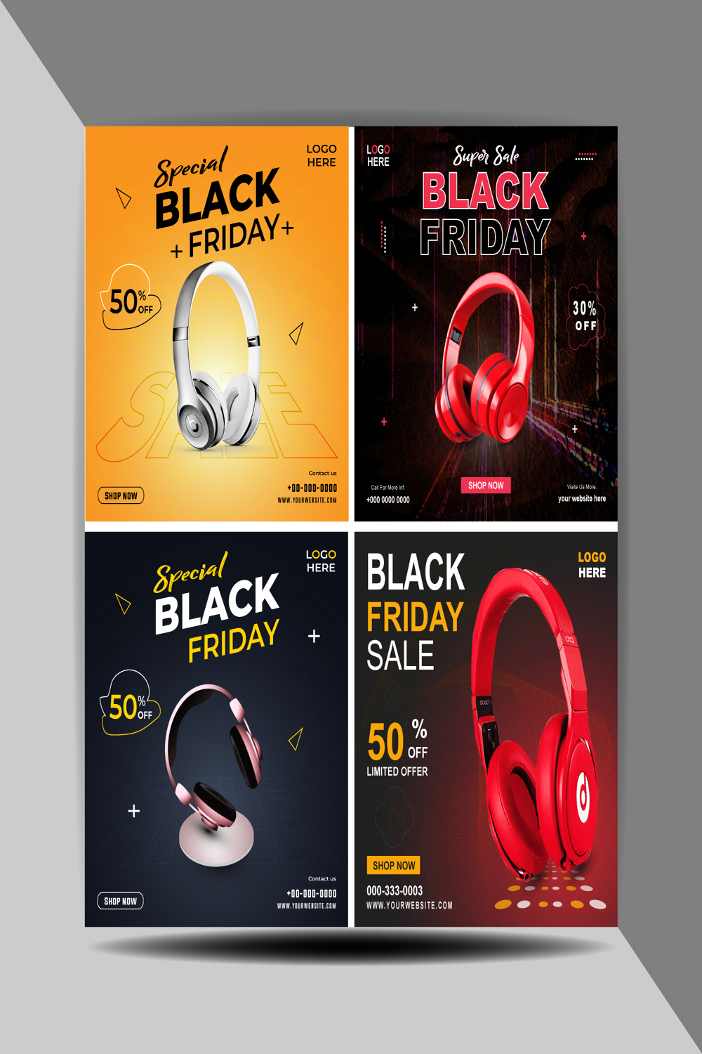 4 Black friday headphone social media post design promotional template pinterest preview image.