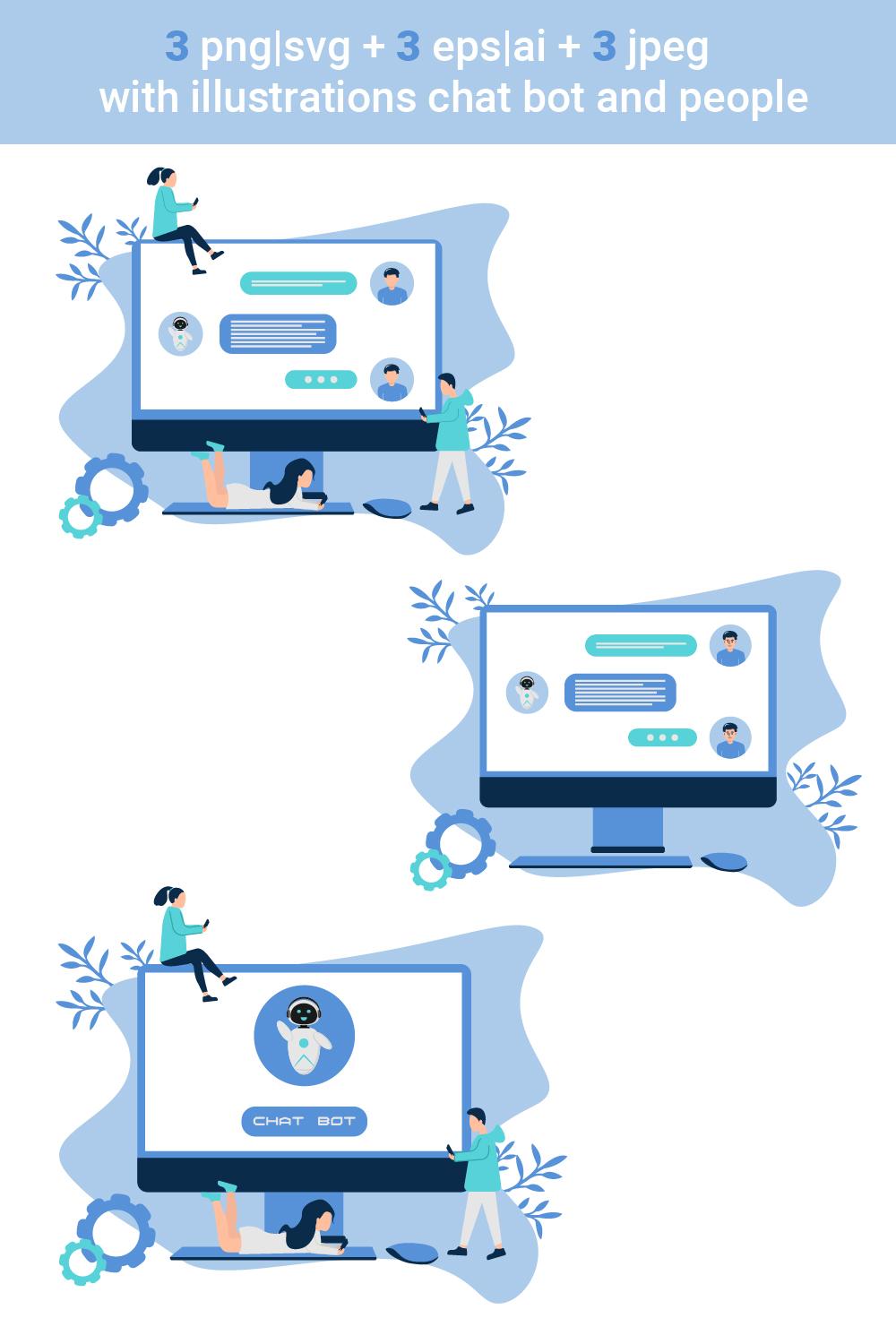 3 vector illustration with chat bot and people pinterest preview image.