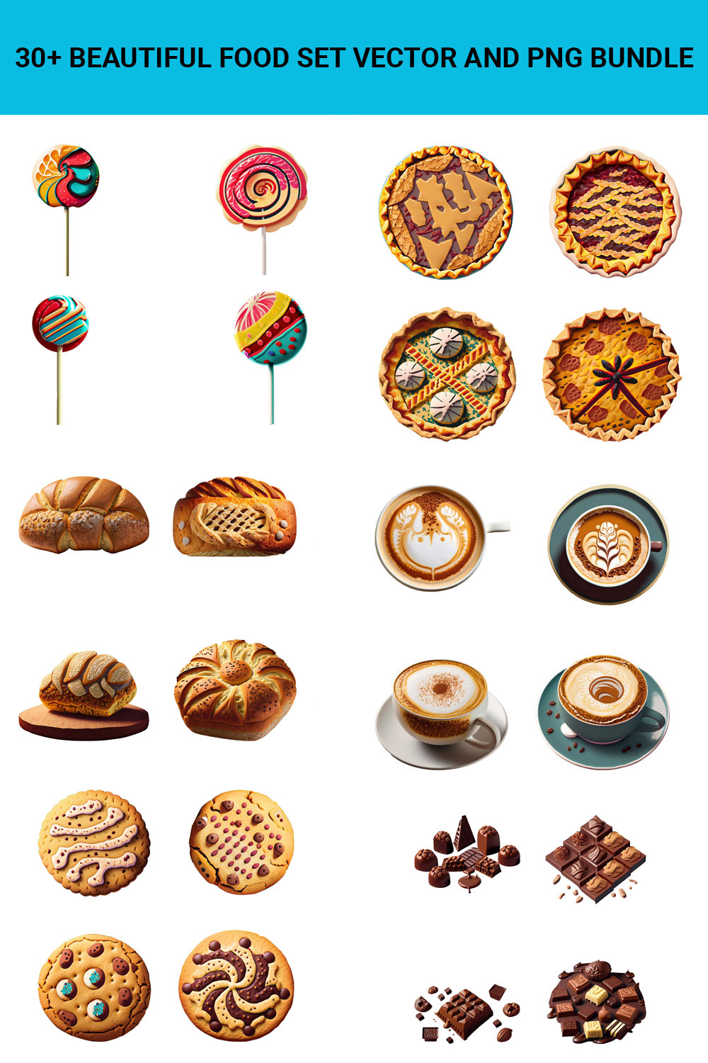 30+ Beautiful Food Vector and PNG Bundle pinterest preview image.