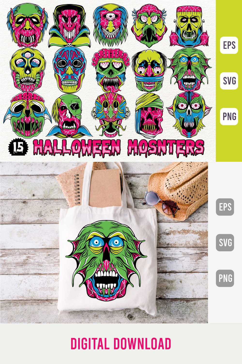 Spooky Halloween Monster Creatures Character Designs Bundle pinterest preview image.