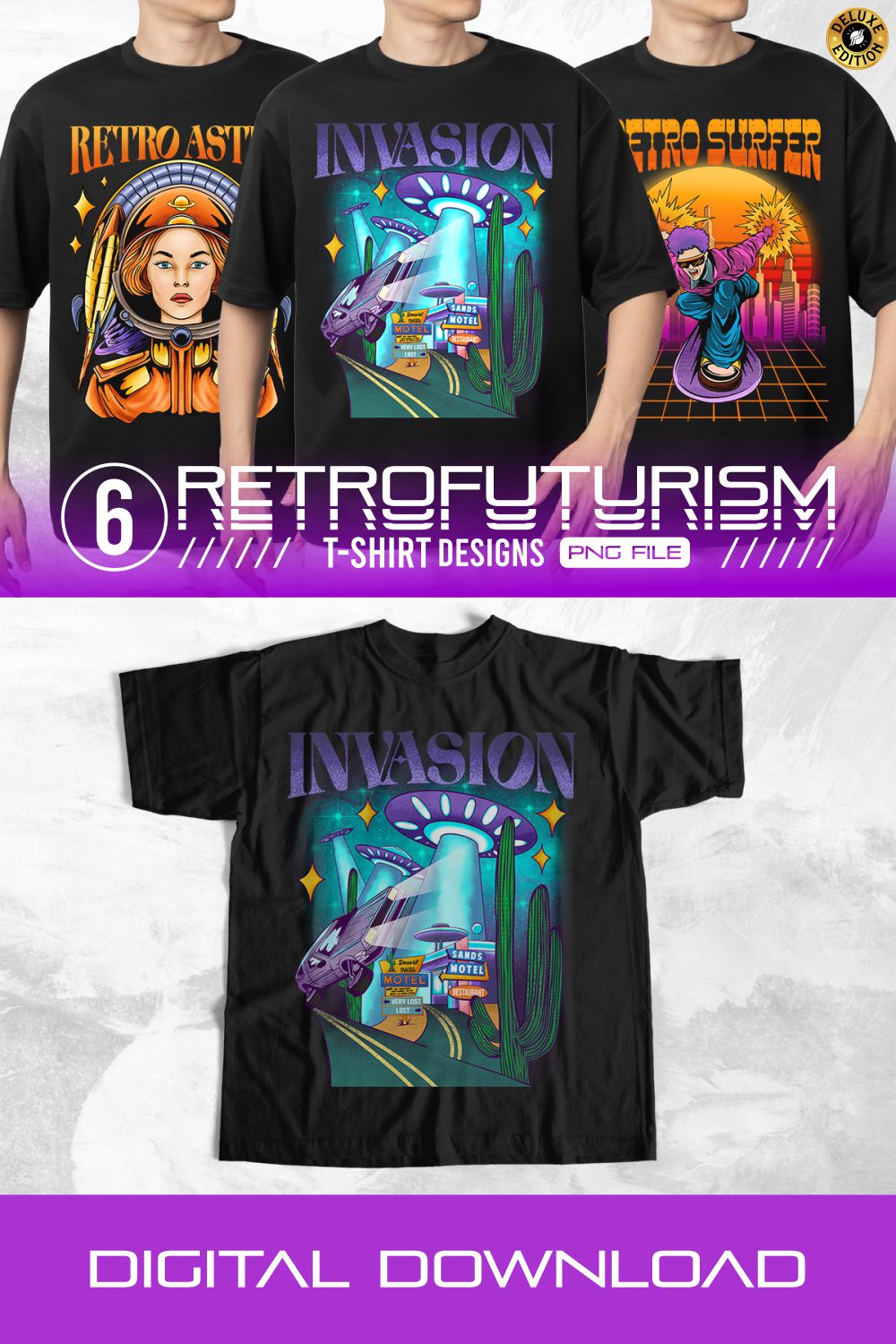 Retrofuturism T-shirt Designs Bundle, Syntwave Futuristic T-shirt Design Pack pinterest preview image.