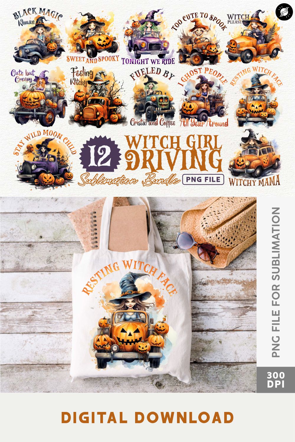 Witch Girl Driving Sublimation Designs PNG Bundle pinterest preview image.