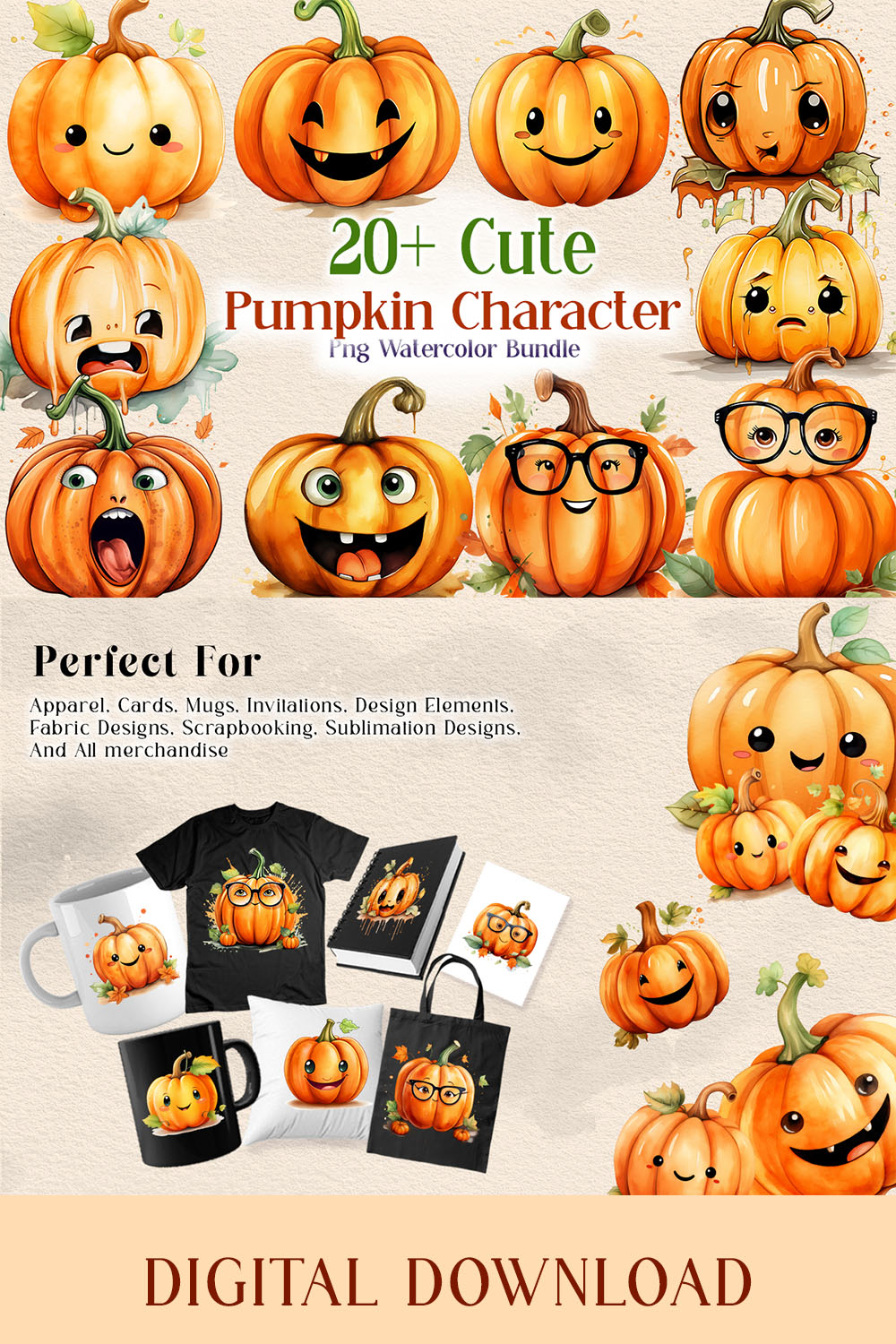 Cute Pumpkin Face Character PNG Watercolor Clipart Bundle pinterest preview image.