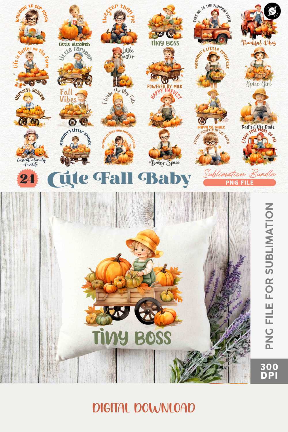 Cute Fall Baby on the Farm Sublimation Designs PNG Bundle pinterest preview image.