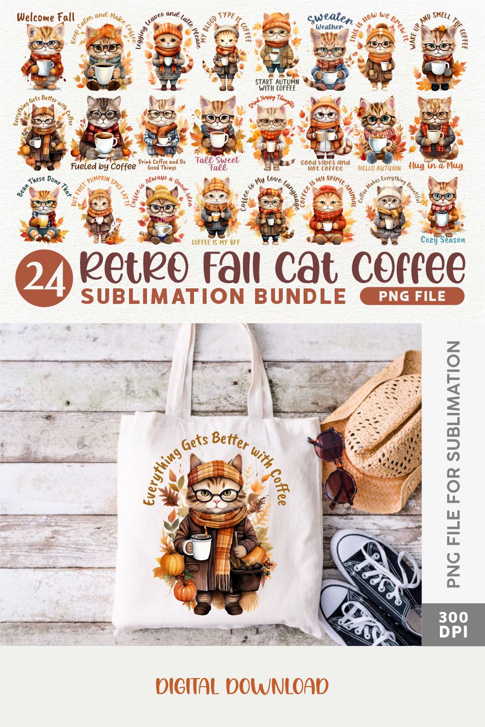Retro Fall Cat Coffee PNG Sublimation Bundle, Cute Fall Animals Character for Merchandise pinterest preview image.