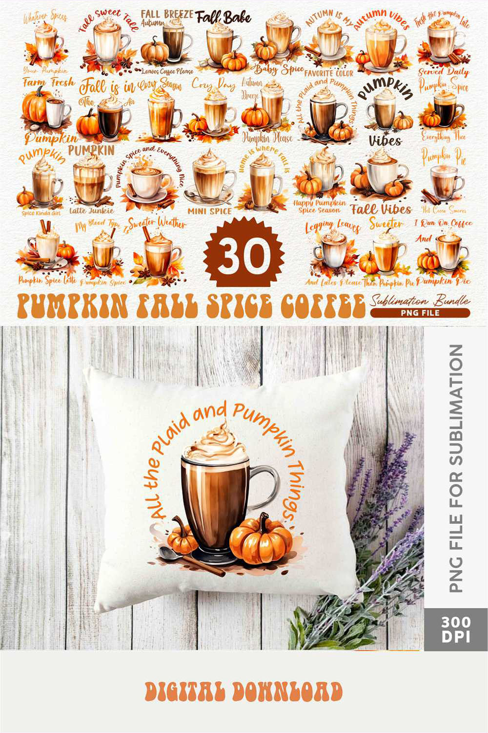 Pumpkin Fall Spice Coffee PNG Sublimation Bundle, Fall T-shirt Designs pinterest preview image.