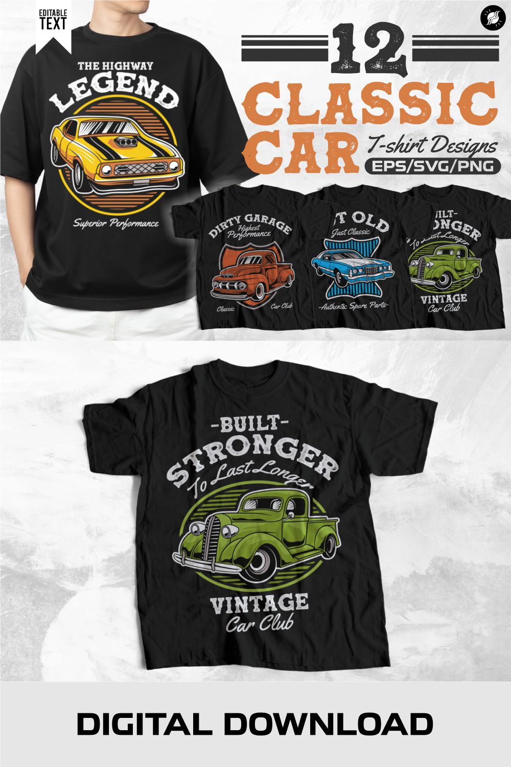 Classic Car Vector T-shirt Designs Bundle, Vintage Old Car Graphic T-shirt for Apparel pinterest preview image.