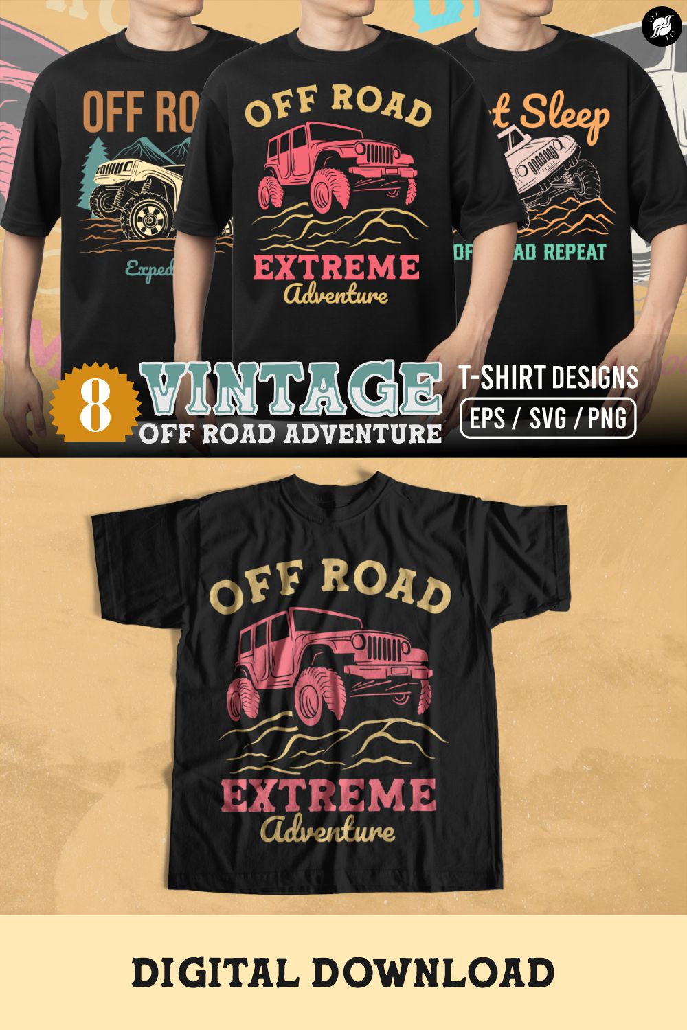 Vintage Off Road Adventure T-shirt Designs Vector Bundle, Off Road Expedition Graphic T-shirt for Club Community pinterest preview image.