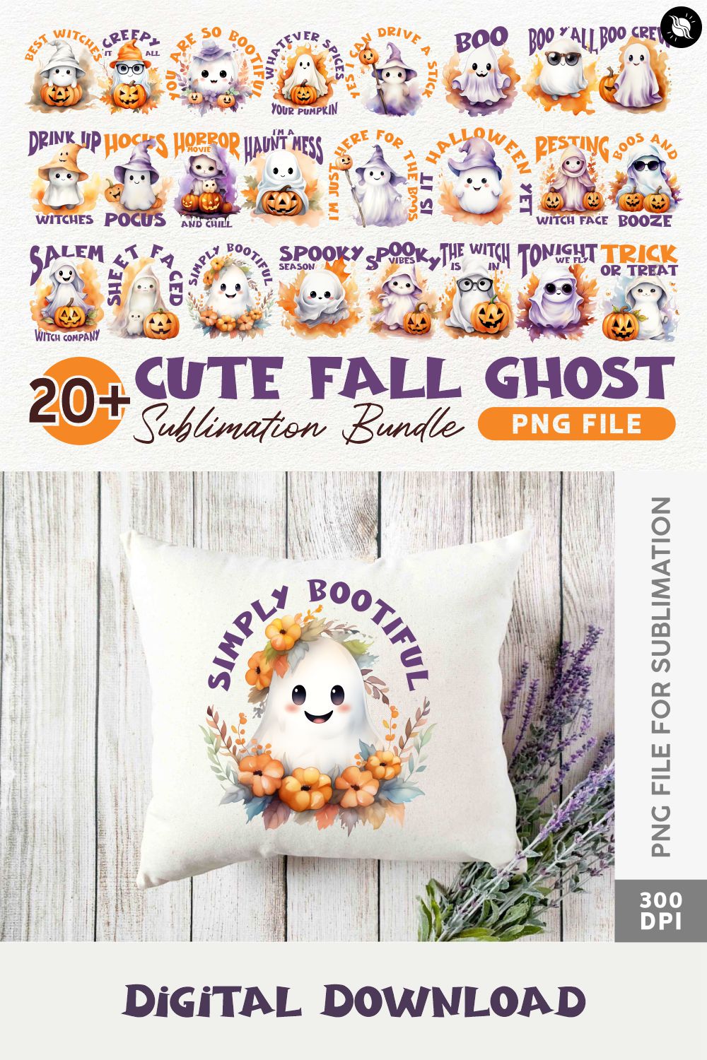 Cute Fall Halloween Ghost Sublimation Designs Bundle pinterest preview image.