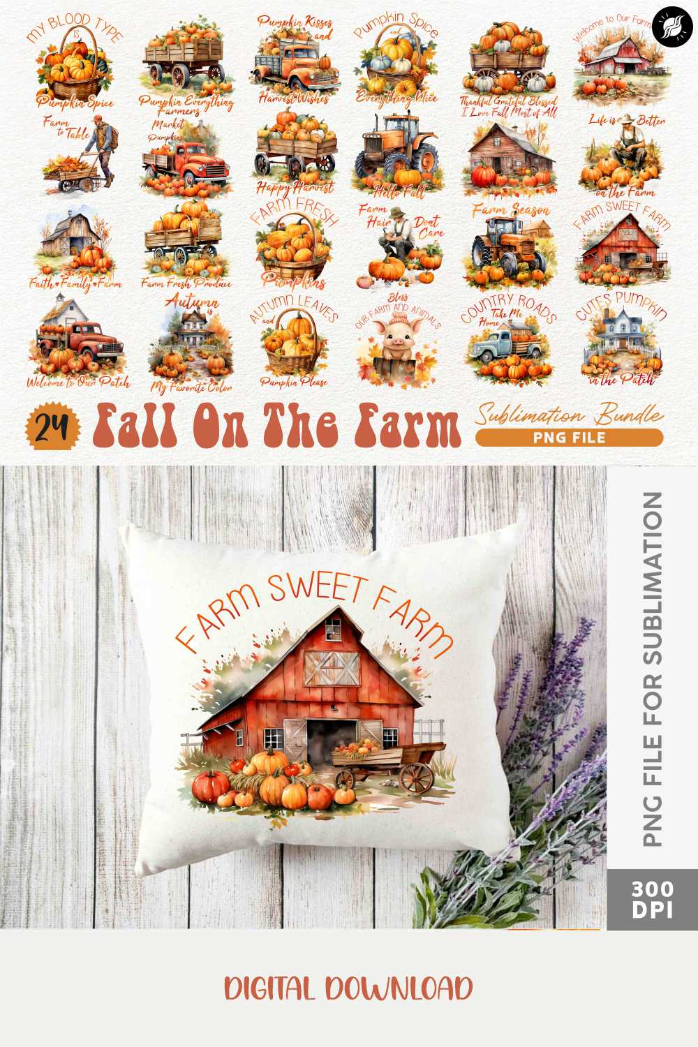 Fall on the Farm Sublimation Designs PNG Bundle, Fall Farmhouse T-shirt Designs PNG Bundle pinterest preview image.