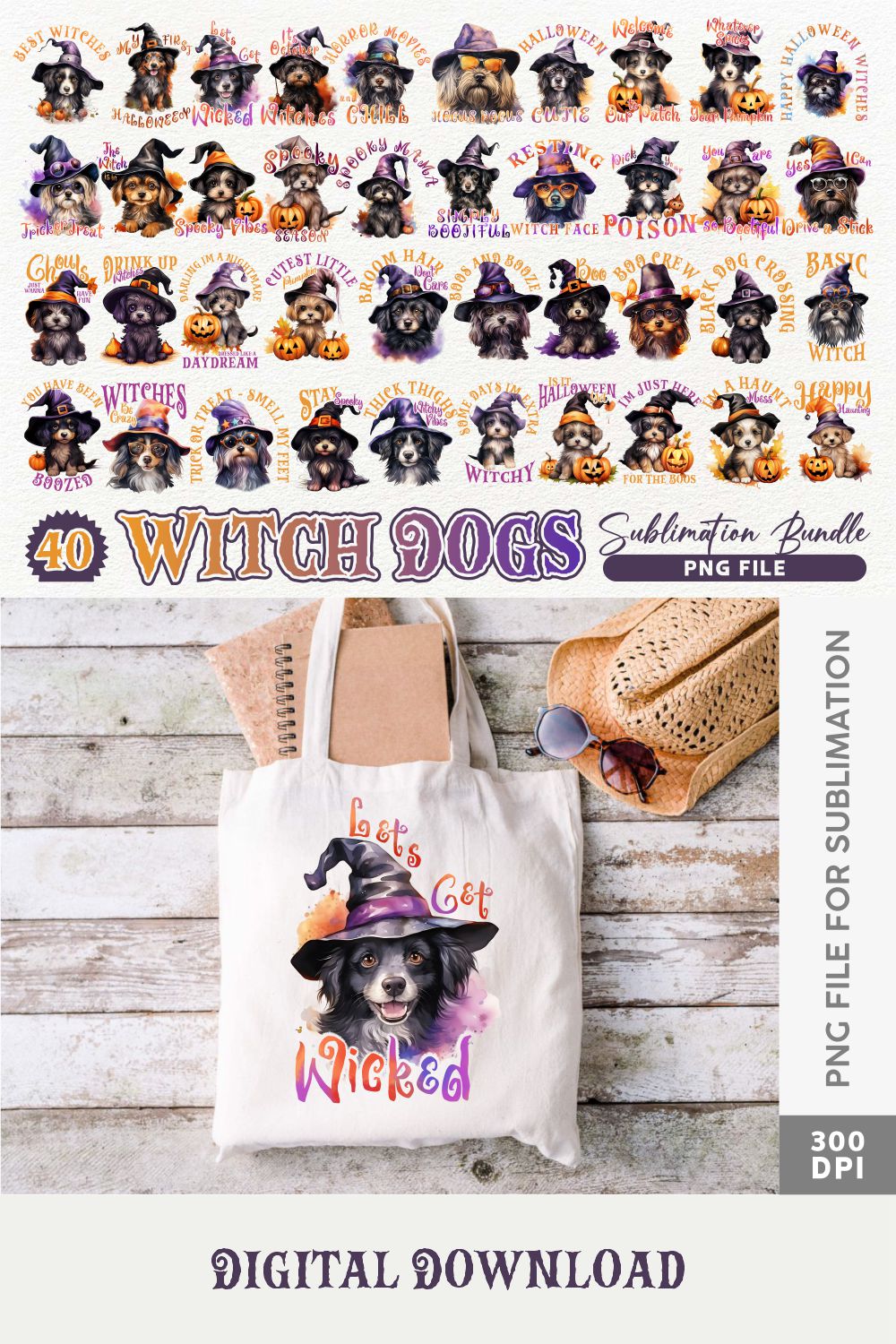 Halloween Witch Dogs Quotes Sublimation Designs Bundle pinterest preview image.