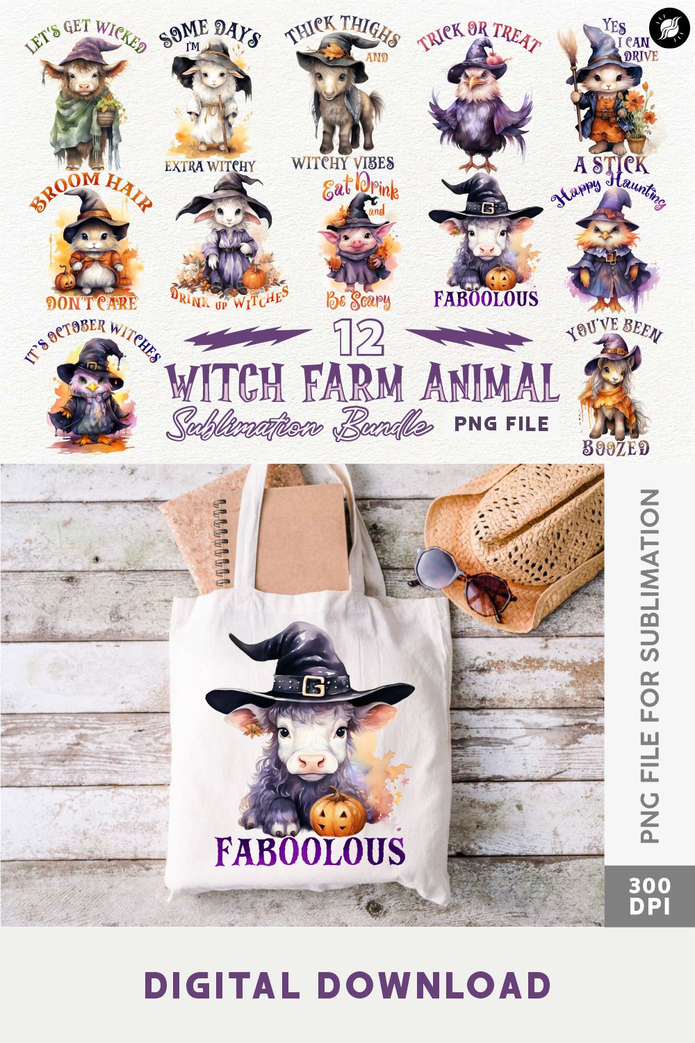 Witch Farm Animals Sublimation Designs PNG Bundle pinterest preview image.
