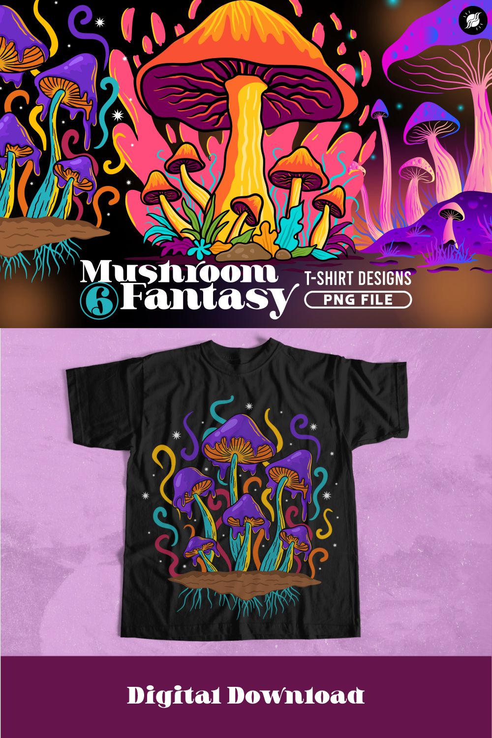 Mushroom Fantasy Art Illustration PNG T-shirt Designs Bundle pinterest preview image.