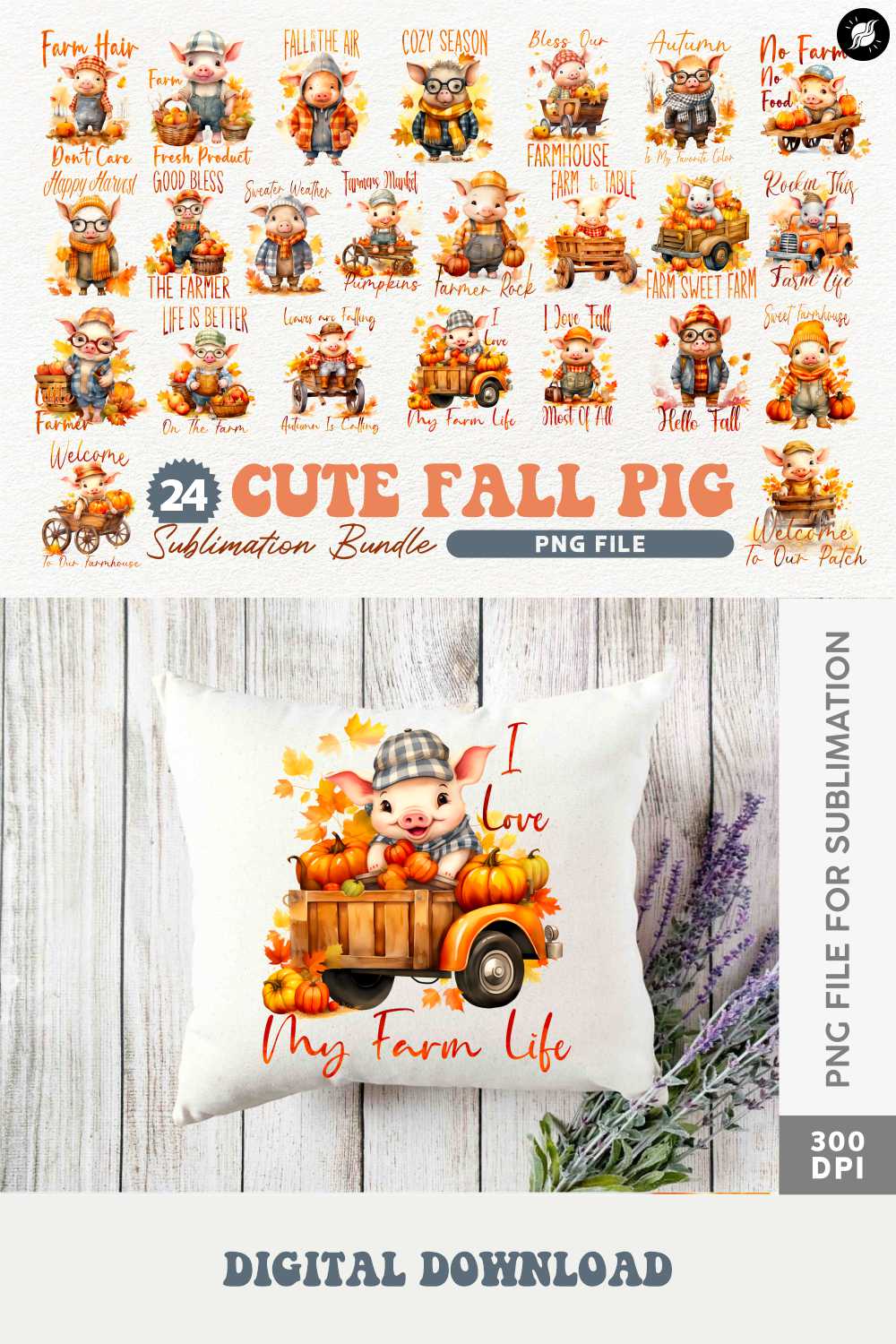 Cute Fall Pig Sublimation Designs, Pumpkins Farm PNG Bundle pinterest preview image.